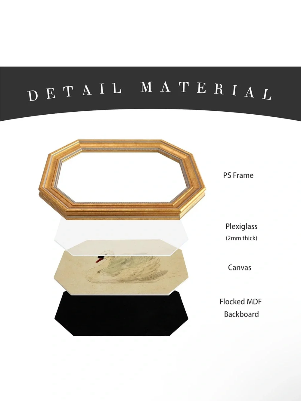 Gold Octagonal Framed Swan Art with Pearl Bead Hanger